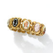 C. 1960 Vintage Multicolored Agate, Painted Ceramic and Brown Shell Cameo Slide Bracelet with Carved Glass in 14kt Yellow Gold