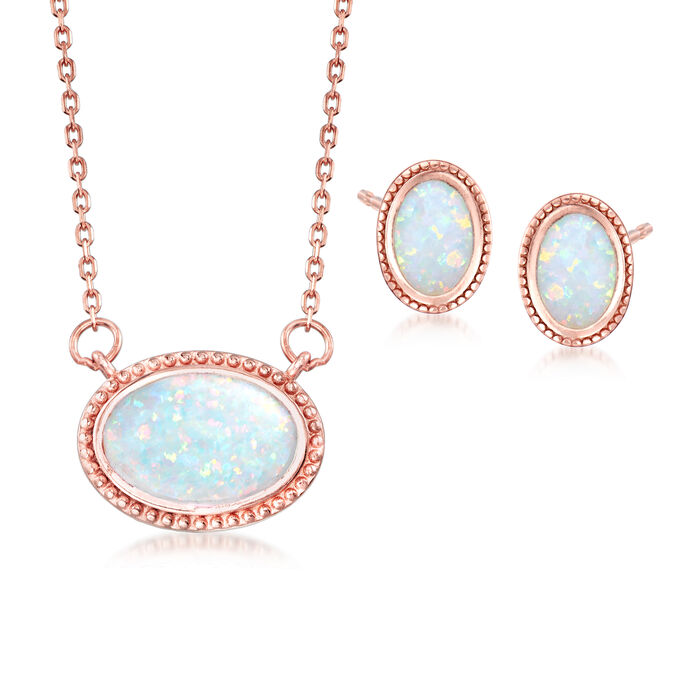 Synthetic Opal Jewelry Set: Earrings and Necklace in 18kt Rose Gold Over Sterling Silver