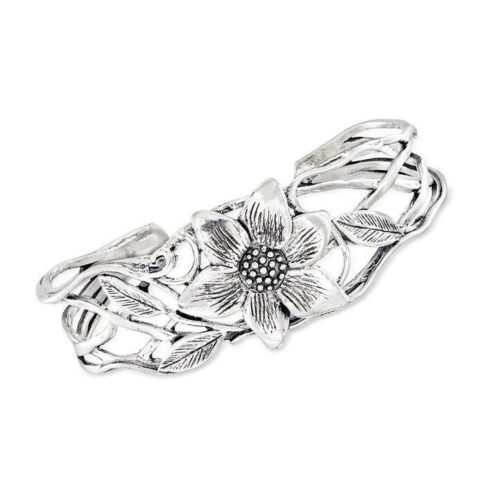 Sterling Silver Textured and Polished Floral Cuff Bracelet