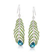 5.50 ct. t.w. London Blue Topaz and 3.30 ct. t.w. Green Tourmaline Feather Earrings in Sterling Silver