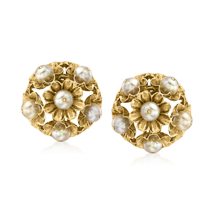 C. 1960 Vintage 5.5-6mm Cultured Pearl Floral Clip-On Earrings in 14kt Yellow Gold