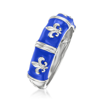 Blue Enamel Fleur-De-Lis Ring in Sterling Silver