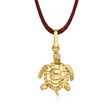 C. 1980 Vintage 18kt Yellow Gold Turtle Pendant Necklace on Brown Silk Cord