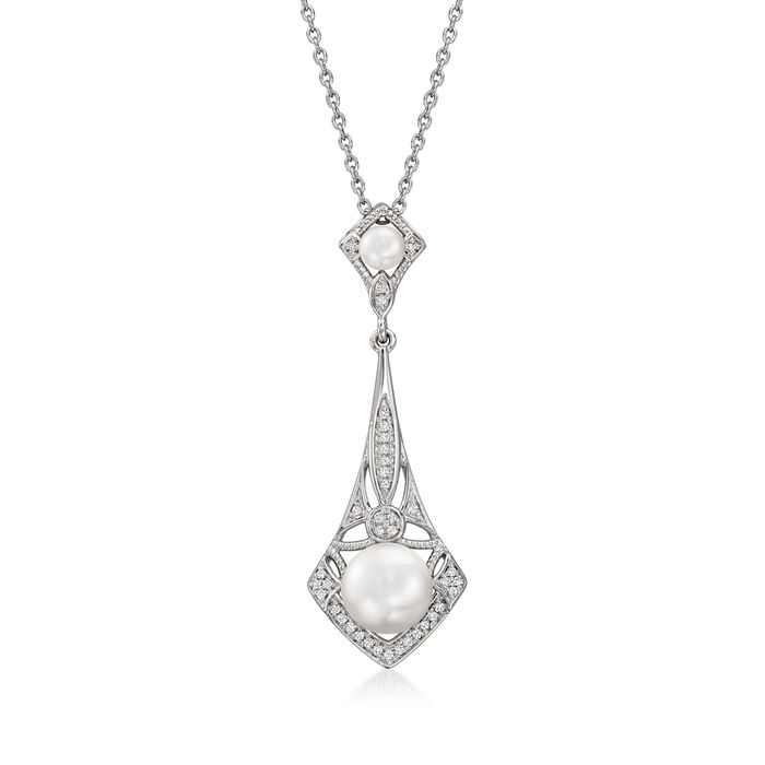 3.5-8mm Cultured Pearl and .11 ct. t.w. Diamond Vintage-Style Pendant Necklace in Sterling Silver