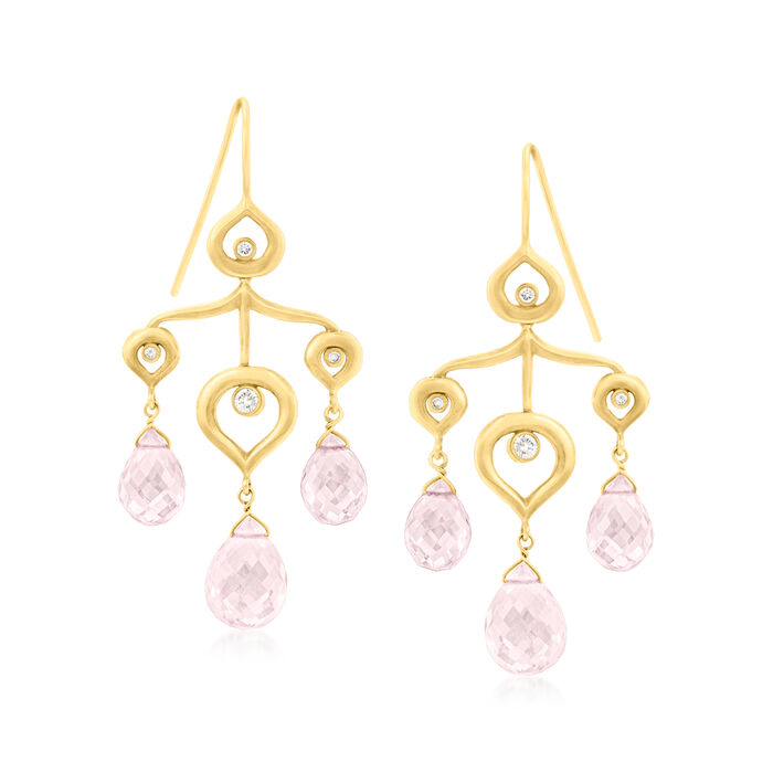 C. 1990 Vintage Michelle Mitchell 14.00 ct. t.w. Rose Quartz and .25 ct. t.w. Diamond Chandelier Earrings in 18kt Yellow Gold