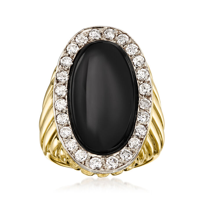 C. 1980 Vintage Onyx and .48 ct. t.w. Diamond Ring in 14kt Yellow Gold