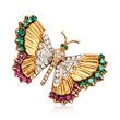 C. 1990 Vintage 2.50 ct. t.w. Ruby and Emerald Butterfly Pin with Diamonds in 18kt Yellow Gold
