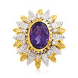 C. 1970 Vintage 4.50 Carat Amethyst and .50 ct. t.w. Diamond Sunburst Ring in 14kt Two-Tone Gold