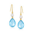 6-7mm Cultured Pearl and 20.00 ct. t.w. Swiss Blue Topaz Drop Earrings in 14kt Yellow Gold