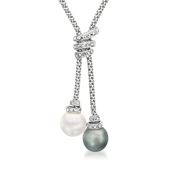 12-13mm Cultured South Sea and Black Cultured Tahitian Pearl Lariat Necklace with .30 ct. t.w. Diamonds in 18kt White Gold