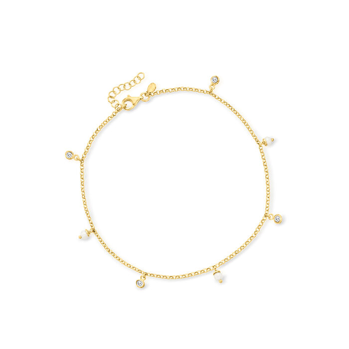 Italian 3-3.5mm Cultured Pearl and .40 ct. t.w. CZ Anklet in 18kt Gold Over Sterling