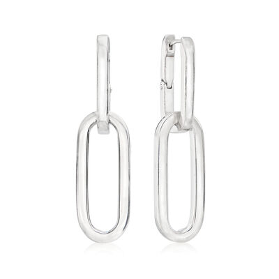 Italian Sterling Silver Paper Clip Link Hoop Drop Earrings