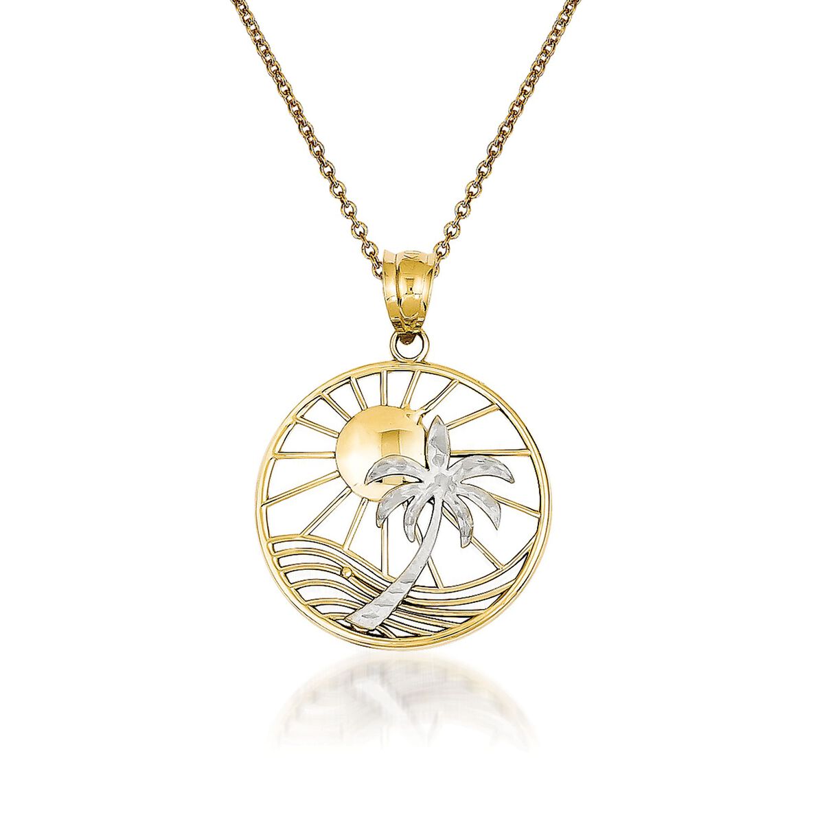 14k Yellow Gold or White Gold or Two-Tone Palm Tree with Crescent Moon Pendant Necklace 