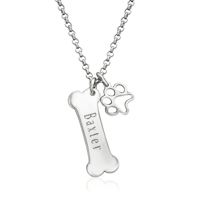 Sterling Silver Personalized Bone Necklace with Paw Print Charm