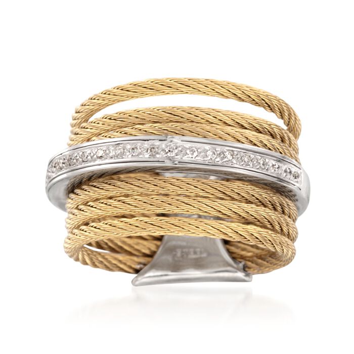 ALOR &quot;Classique&quot; Yellow-Hued Stainless Steel Cable Ring with Diamond Accents and 18kt White Gold