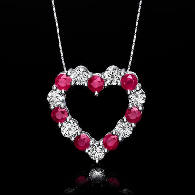 2.20 ct. t.w. Ruby and 1.75 ct. t.w. Lab-Grown Diamond Heart Pendant Necklace in 14kt White Gold
