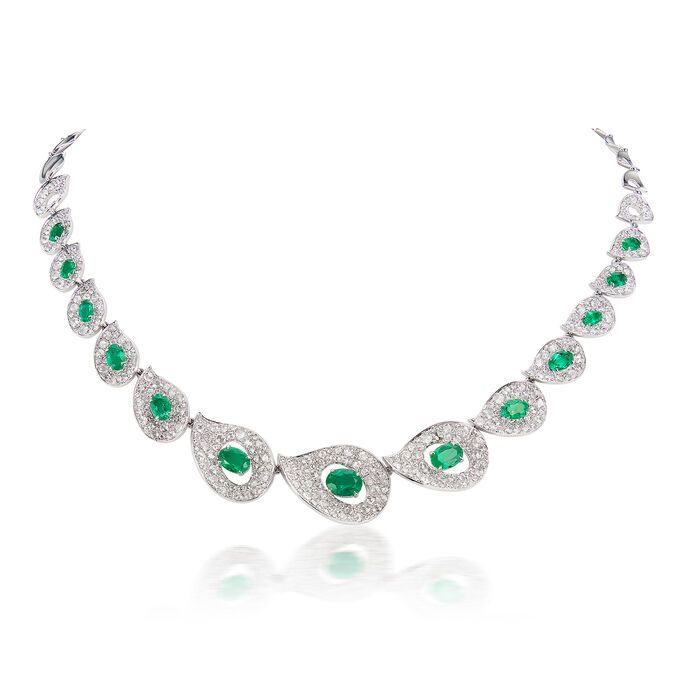 5.70 ct. t.w. Diamond and 5.60 ct. t.w. Emerald Necklace in 18kt White Gold