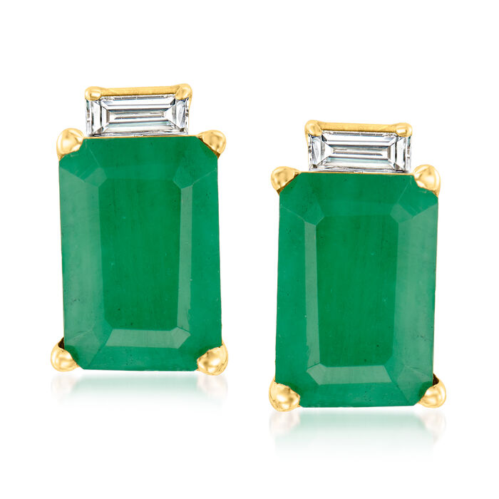Emerald Stud Earrings with Diamond Accents in 14kt Yellow Gold