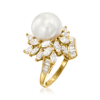 C. 1980 Vintage 12mm Cultured Pearl Ring with 2.40 ct. t.w. Diamonds in 18kt Yellow Gold