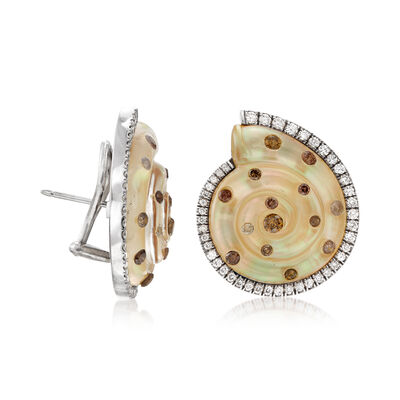 C. 1980 Vintage Mother-of-Pearl and 2.40 ct. t.w. Multicolored Diamond Shell Earrings in 18kt White Gold