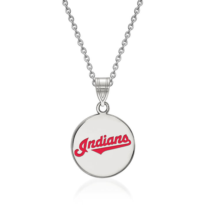 Sterling Silver MLB Cleveland Indians Enamel Disc Pendant Necklace. 18&quot;