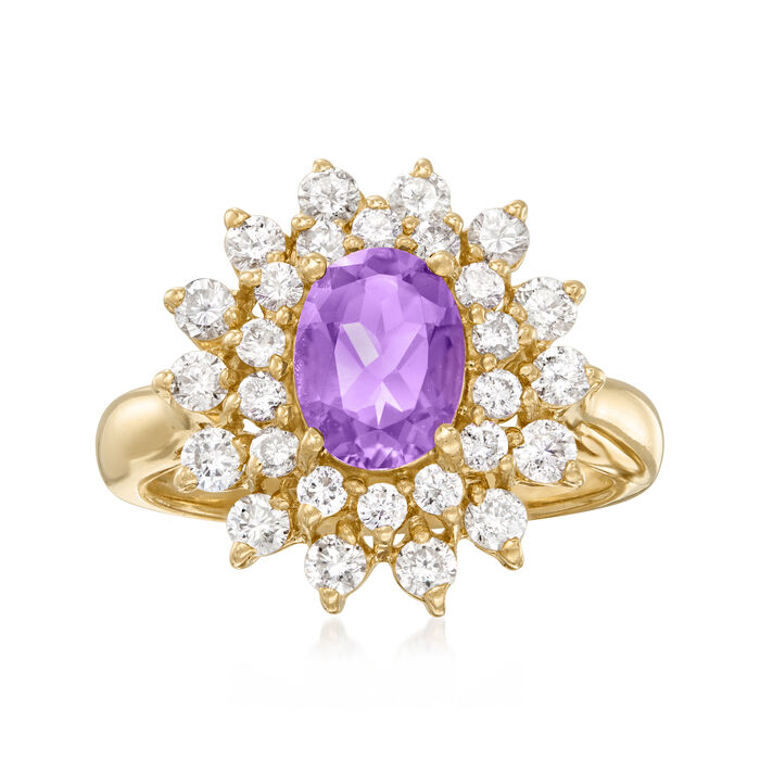 C. 1980 Vintage 1.10 Carat Amethyst and 1.05 ct. t.w. Diamond Flower Ring in 14kt Yellow Gold