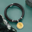 Italian Genuine 20-Lira Coin Charm and Black Leather Bracelet with Sterling Silver