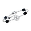 Andrea Candela &quot;Onix Ola&quot; 7mm Black Onyx Bead and Round Floral Station Bracelet with Diamond Accents in Sterling Silver