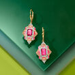 3.40 ct. t.w. Multi-Gemstone Art-Deco Inspired Drop Earrings with Pink Enamel in 18kt Gold Over Sterling