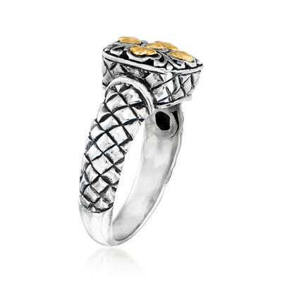 Sterling Silver Bali-Style Square-Top Floral Ring with 14kt Yellow Gold