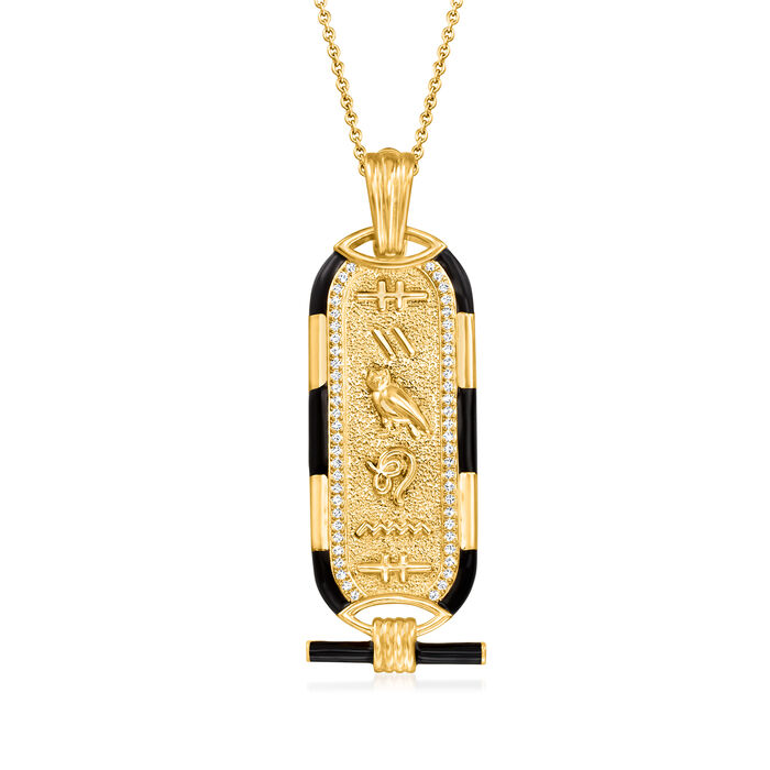.20 ct. t.w. White Topaz and Black Enamel Hieroglyphic Pendant Necklace in 18kt Gold Over Sterling