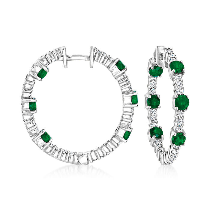 1.90 ct. t.w. Emerald and 1.00 ct. t.w. Diamond Inside-Outside Hoop Earrings in 14kt White Gold
