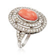 C. 1950 Vintage Red Coral and 1.25 ct. t.w. Diamond Ring in Platinum