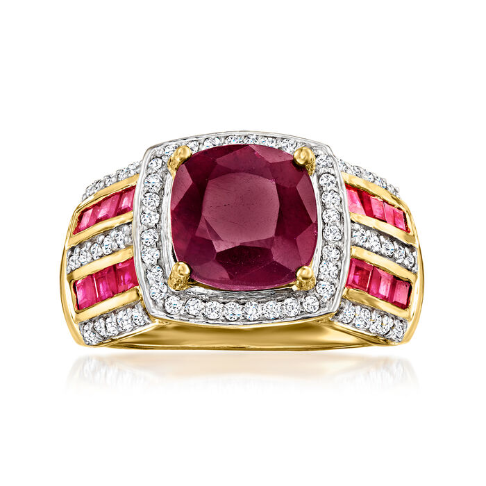 4.00 ct. t.w. Ruby and .40 ct. t.w. White Topaz Ring in 18kt Gold Over Sterling