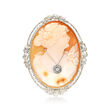C. 1950 Vintage Orange Shell Cameo Pin with Diamond Accent in 14kt White Gold