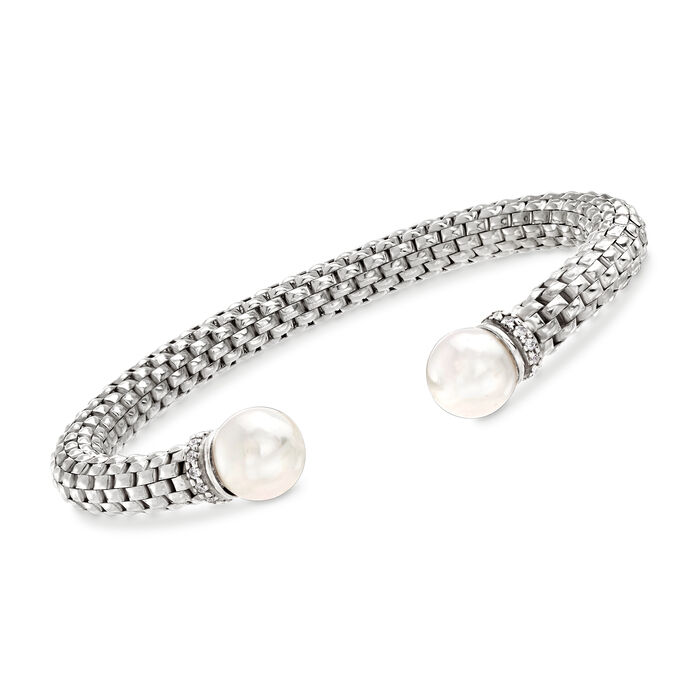 10mm Cultured Pearl and .25 ct. t.w. CZ Italian Cuff Bracelet in Sterling Silver
