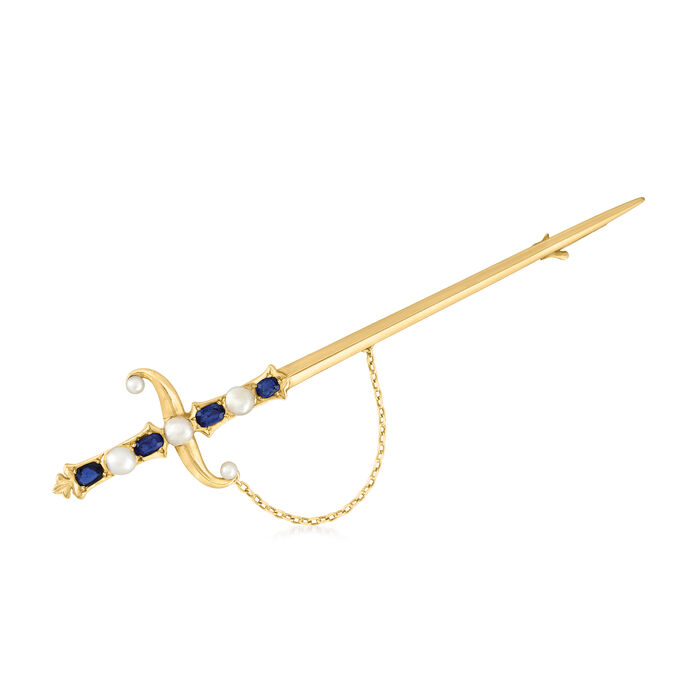 C. 1950 Vintage Cultured Pearl and 1.00 ct. t.w. Sapphire Sword Pin in 14kt Yellow Gold