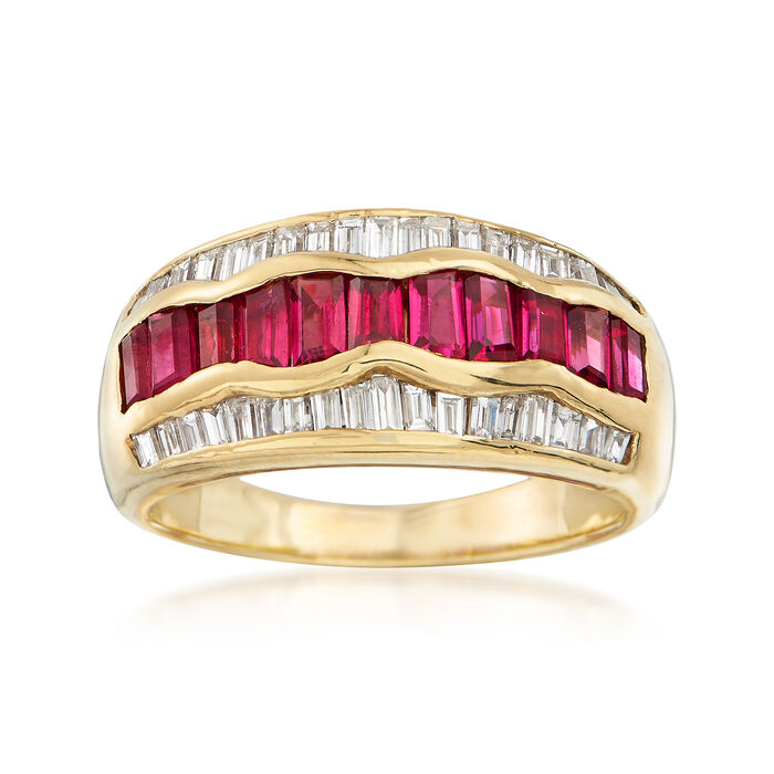 C. 1980 Vintage 1.35 ct. t.w. Ruby and .55 ct. t.w. Diamond Ring in 18kt Yellow Gold