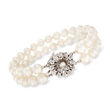 C. 1950 Vintage .60 ct. t.w. Diamond and 6.5x7.5mm Cultured Pearl Flower Bracelet in 14kt White Gold