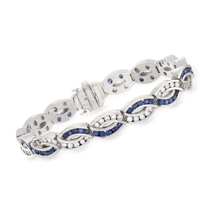C. 1980 Vintage 3.75 ct. t.w. Sapphire and 2.30 ct. t.w. Diamond Wave Link Bracelet in 14kt White Gold