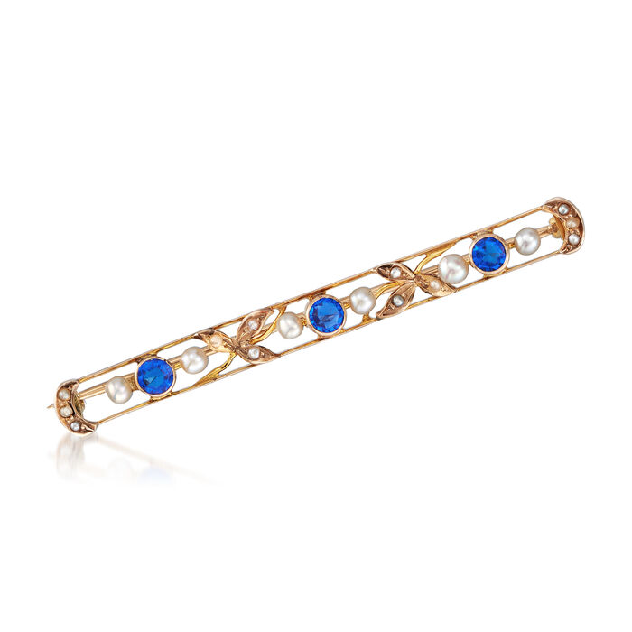 C. 1930 Vintage 4mm Blue Glass Pin with Seed Pearl in 10kt Yellow Gold