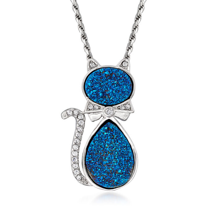 Blue Drusy and .20 ct. t.w. CZ Cat Necklace in Sterling Silver