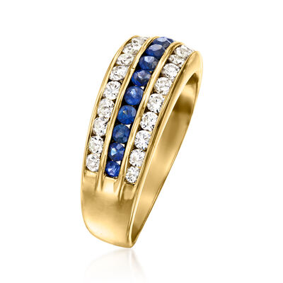 C. 1980 Vintage .69 ct. t.w. Diamond and .65 ct. t.w. Sapphire Three-Row Ring in 18kt Yellow Gold