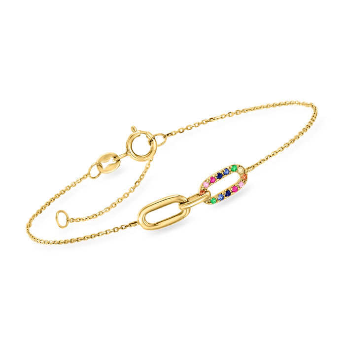 Multi-Gemstone Accented Paper Clip Link Bracelet in 14kt Yellow Gold