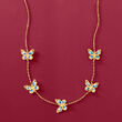 Italian Blue and White Enamel Butterfly Station Necklace in 14kt Yellow Gold