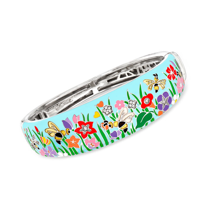 Belle Etoile &quot;Bee Garden&quot; Multicolored Enamel Bangle Bracelet with CZ Accents in Sterling Silver