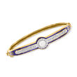 C. 1950 Vintage 5.5mm Cultured Pearl, .35 ct. t.w. Diamond and Blue Enamel Bangle Bracelet in 14kt Yellow Gold with 14kt White Gold