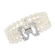C. 1970 Vintage 7mm Cultured Pearl and 2.60 ct. t.w. Diamond Three-Row Bracelet in 18kt White Gold