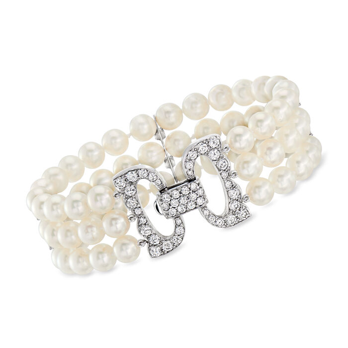C. 1970 Vintage 7mm Cultured Pearl and 2.60 ct. t.w. Diamond Three-Row Bracelet in 18kt White Gold
