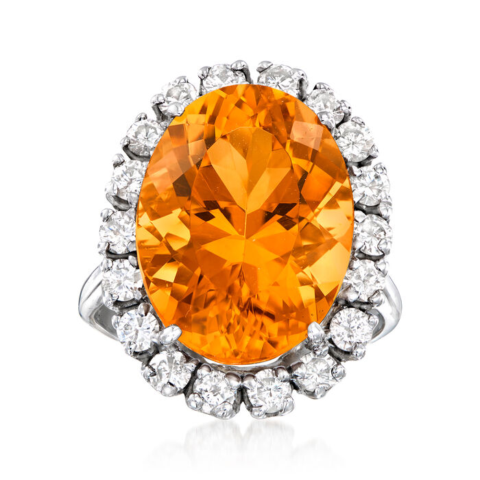 C. 1980 Vintage 13.25 Carat Citrine and 1.10 ct. t.w. Diamond Dinner Ring in 14kt White Gold